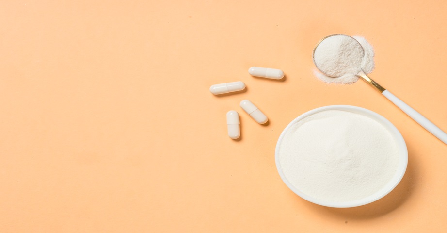 Kolagen to składnik suplementów diety - preparaty kolagenowe występują w formie tabletek, kapsułek oraz w proszku.